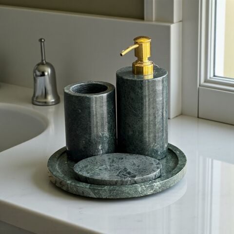 Doğal Mermer Banyo Seti 4 Parça – Yeşil