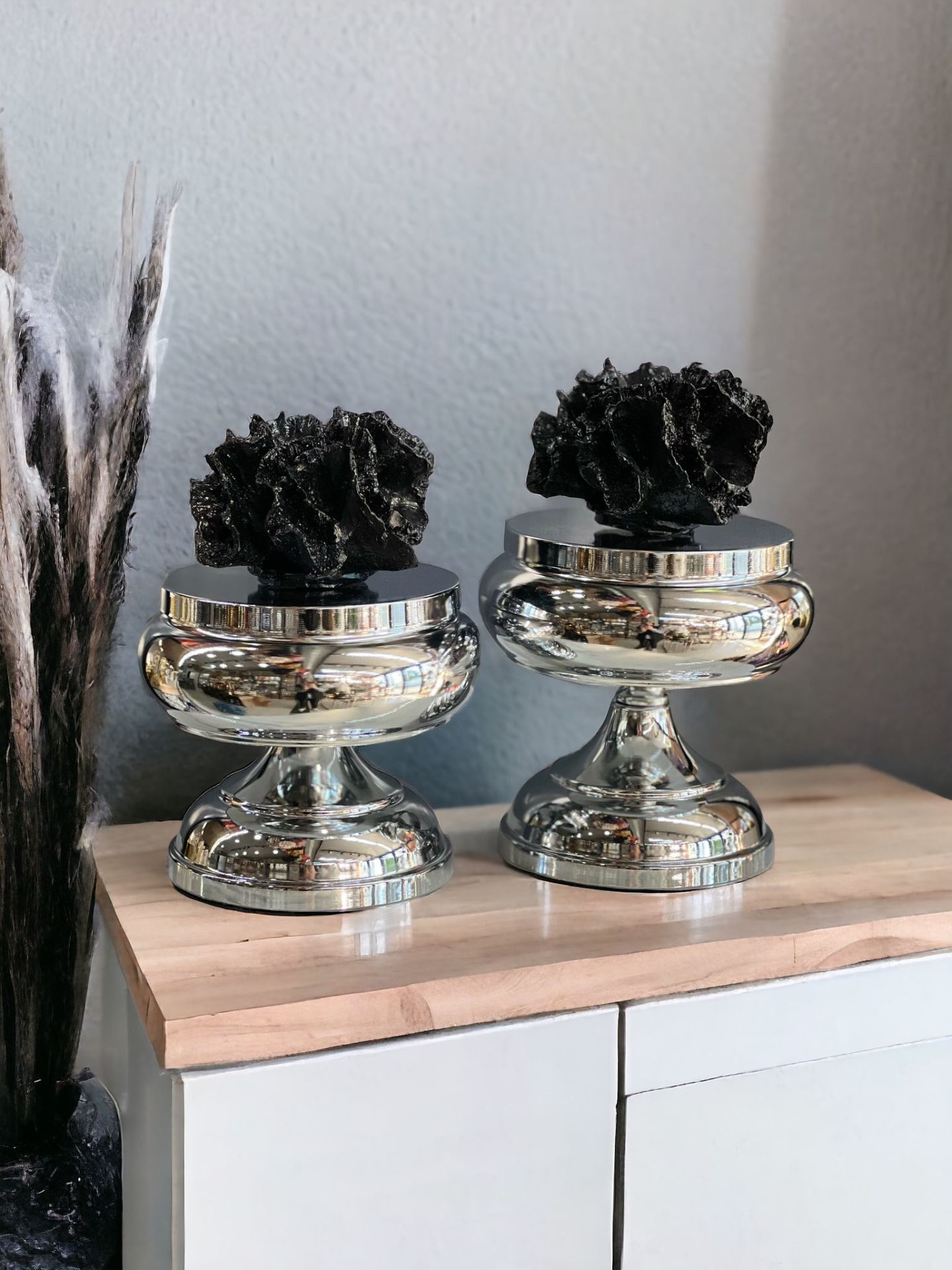 Dekoratif 2'li Mercan Ayaklı Kutu & Obje Gümüş