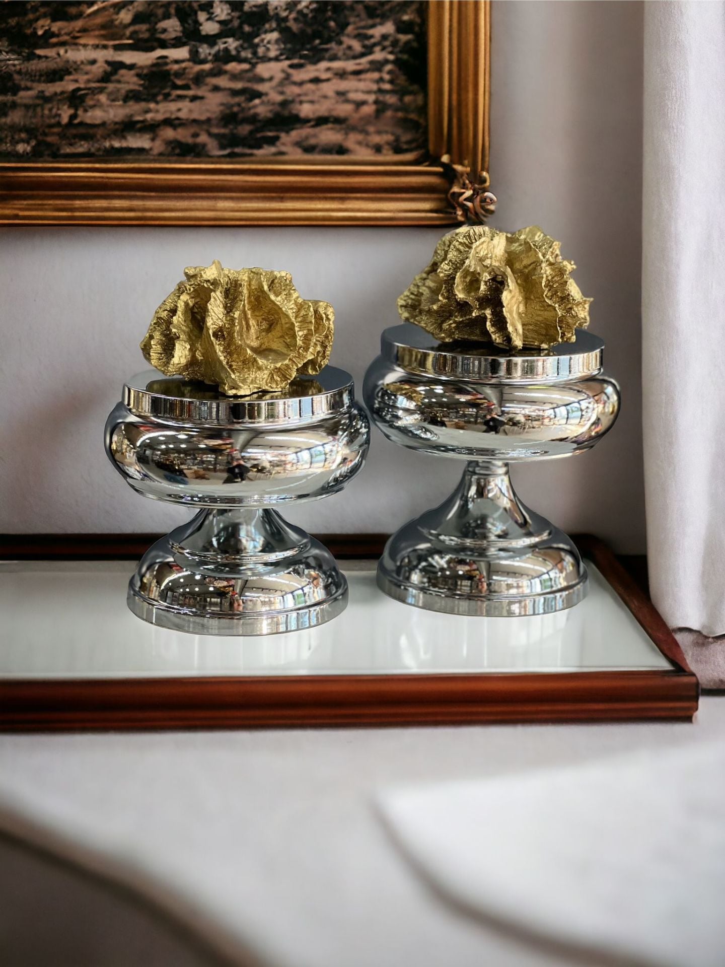 Dekoratif 2'li Mercan Ayaklı Kutu & Obje Gümüş Gold