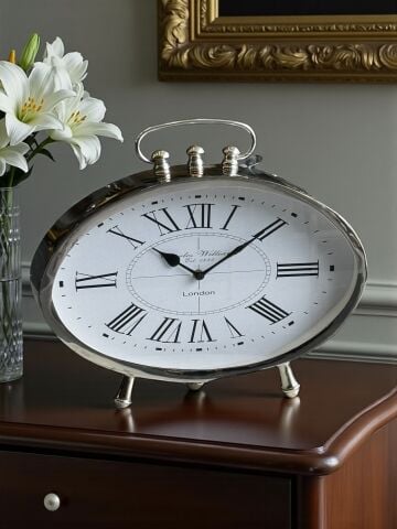 Döküm Masa Saati Oval Roma Rakamlı – Gümüş