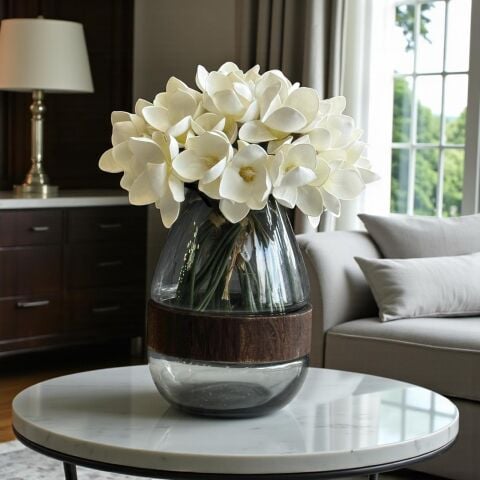 Cam Vazo Ahşap Detaylı Manolya Aranjmanı – 5’li