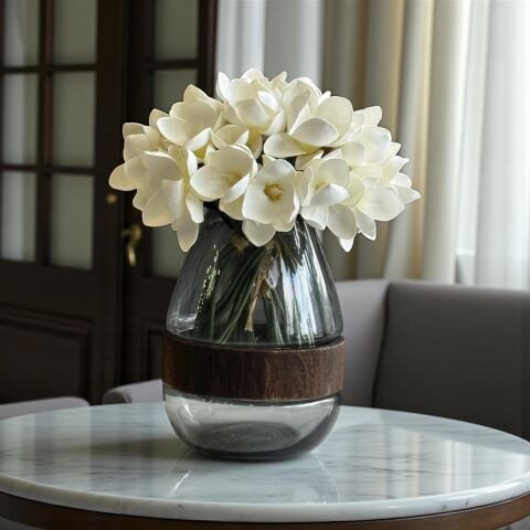 Cam Vazo Ahşap Detaylı Manolya Aranjmanı – 5’li