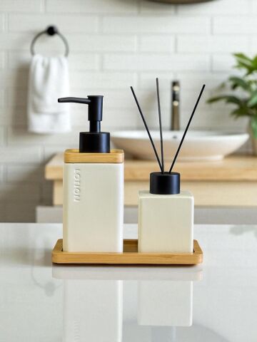 3 Parça Seramik Banyo Seti – Bambu Tepsili Krem