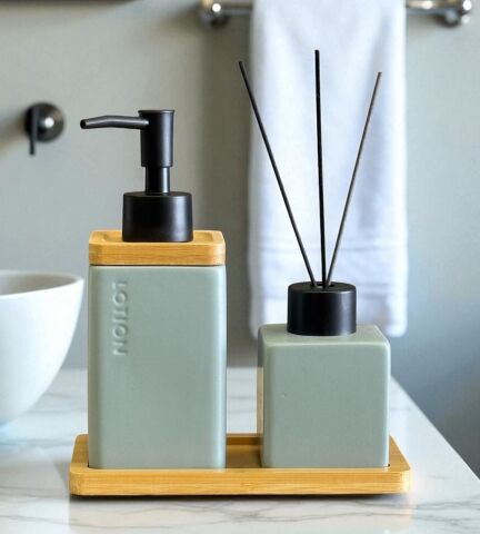 3 Parça Seramik Banyo Seti – Bambu Tepsili Krem