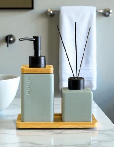 3 Parça Seramik Banyo Seti – Bambu Tepsili Krem