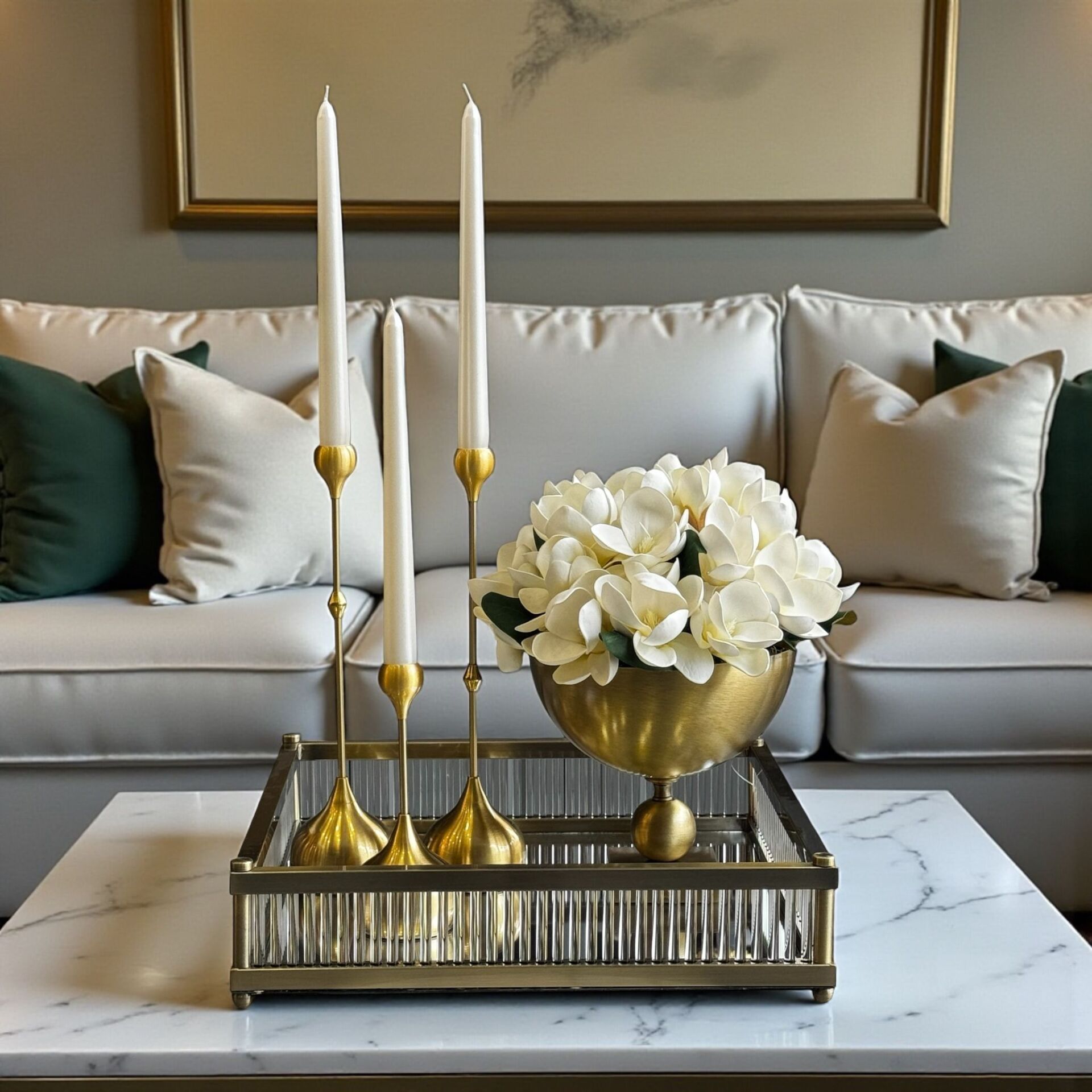 Premium Kare Tepsi, Kare Vazo Manolya Aranjmanı & 3’lü Damla Mumluk Set – Eskitme 5 Parça