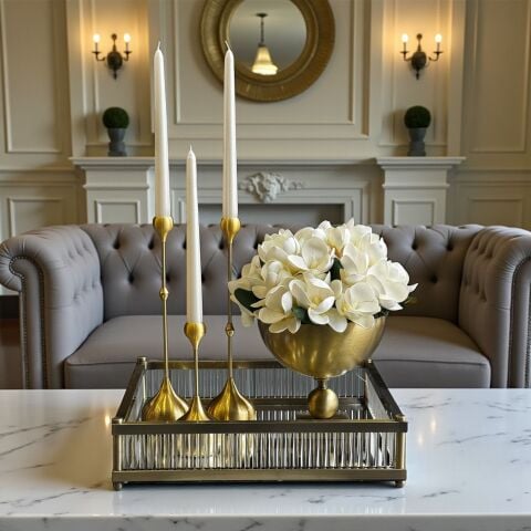 Premium Kare Tepsi, Kare Vazo Manolya Aranjmanı & 3’lü Damla Mumluk Set – Eskitme 5 Parça