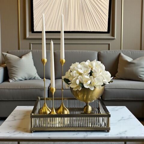 Premium Kare Tepsi, Kare Vazo Manolya Aranjmanı & 3’lü Damla Mumluk Set – Eskitme 5 Parça