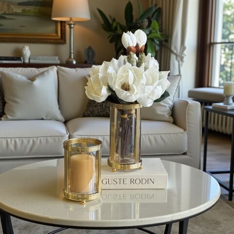 Metal Mumluk & Metal Vazo Kaktüslü Manolya Aranjmanı 2'li – Gold