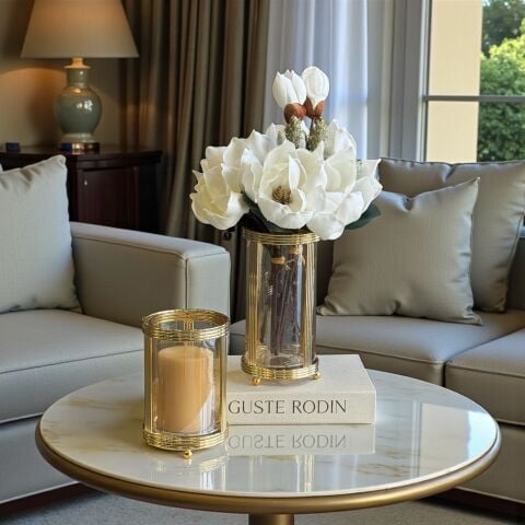 Metal Mumluk & Metal Vazo Kaktüslü Manolya Aranjmanı 2'li – Gold