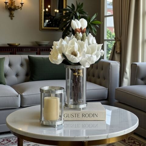 Metal Mumluk & Metal Vazo Kaktüslü Manolya Aranjmanı 2'li – Gümüş