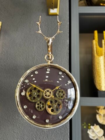 İstasyon Duvar Saati – Geyik Detaylı Rose Gold / Krem & Bordo