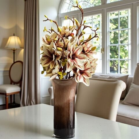 Premium Kahve Cam Vazo Büyük Manolya Aranjmanı 5'li