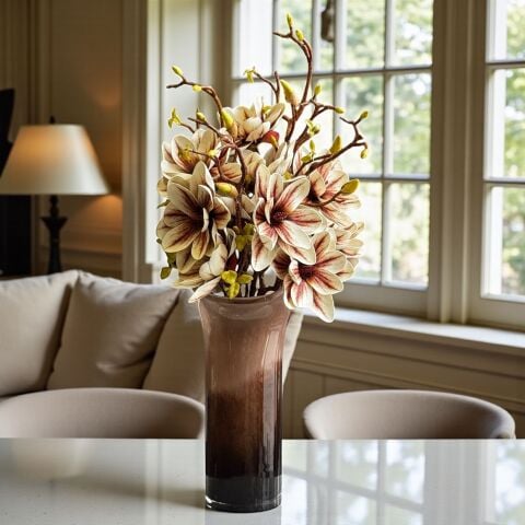 Premium Kahve Cam Vazo Büyük Manolya Aranjmanı 5'li