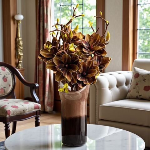 Premium Kahve Cam Vazo Küçük Manolya Aranjmanı 4'lü