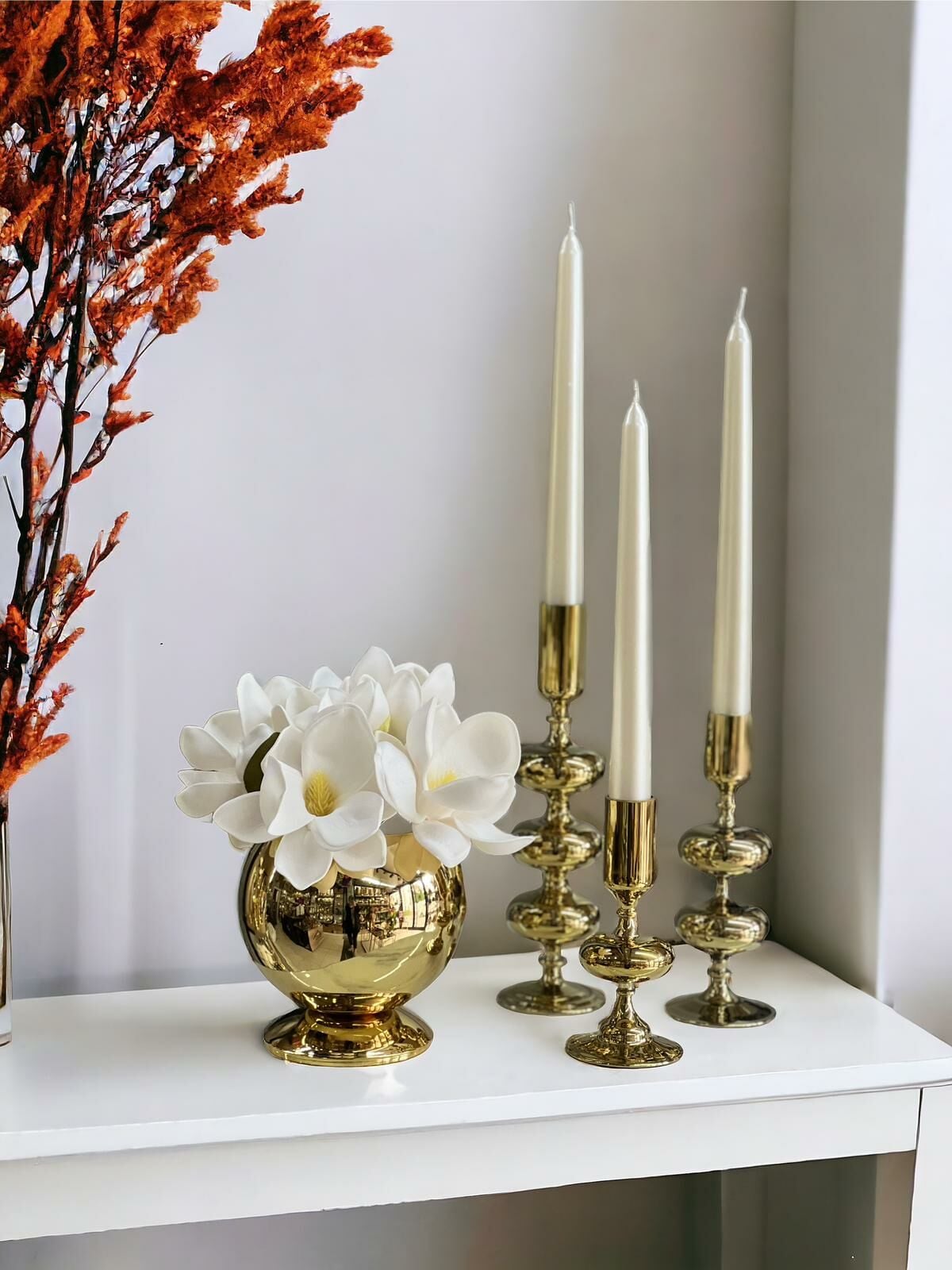 3'lü Boğumlu Titanyum Gold Mumluk & Vazo Çiçekli 4 Parça Takım