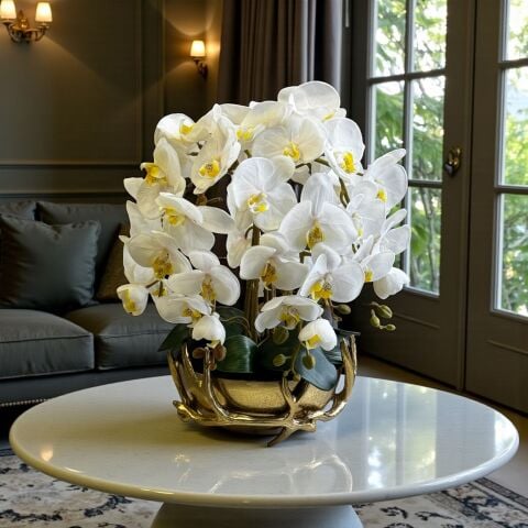 Döküm Yaprak Saksı Premium Islak Orkide Aranjmanı 6'lı Gold
