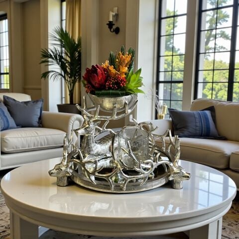 Geyikli Döküm Tepsi, Sukulent Aranjman & Mumluk – 3’lü Gümüş Set