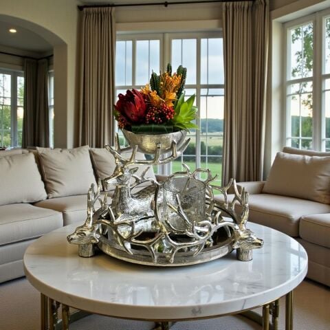 Geyikli Döküm Tepsi, Sukulent Aranjman & Mumluk – 3’lü Gümüş Set