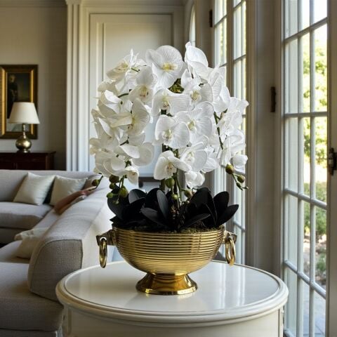 Döküm Kulplu Saksı & 6'lı Premium Orkide Aranjmanı – Gold