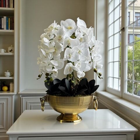 Döküm Kulplu Saksı & 6'lı Premium Orkide Aranjmanı – Gold