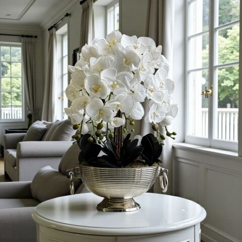 Döküm Kulplu Saksı & 6'lı Premium Orkide Aranjmanı – Gümüş