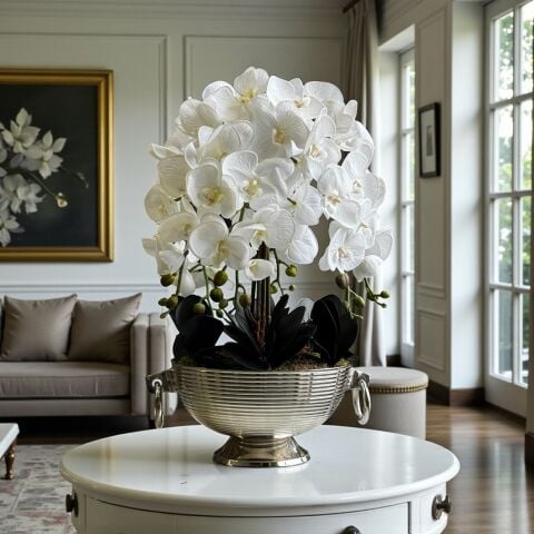 Döküm Kulplu Saksı & 6'lı Premium Orkide Aranjmanı – Gümüş