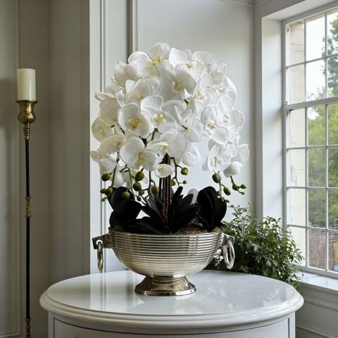 Döküm Kulplu Saksı & 6'lı Premium Orkide Aranjmanı – Gümüş