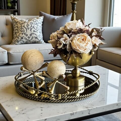 Zincir Tepsi, Vazo Çiçek Aranjmanı & 2'li Traverten Molekül Küre – 4 Parça Set / Eskitme