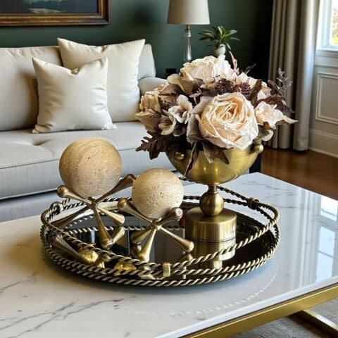 Zincir Tepsi, Vazo Çiçek Aranjmanı & 2'li Traverten Molekül Küre – 4 Parça Set / Eskitme