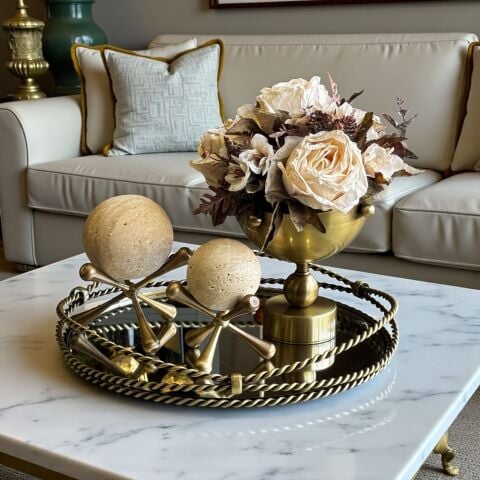 Zincir Tepsi, Vazo Çiçek Aranjmanı & 2'li Traverten Molekül Küre – 4 Parça Set / Eskitme