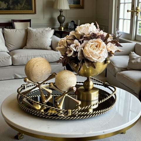 Zincir Tepsi, Vazo Çiçek Aranjmanı & 2'li Traverten Molekül Küre – 4 Parça Set / Eskitme