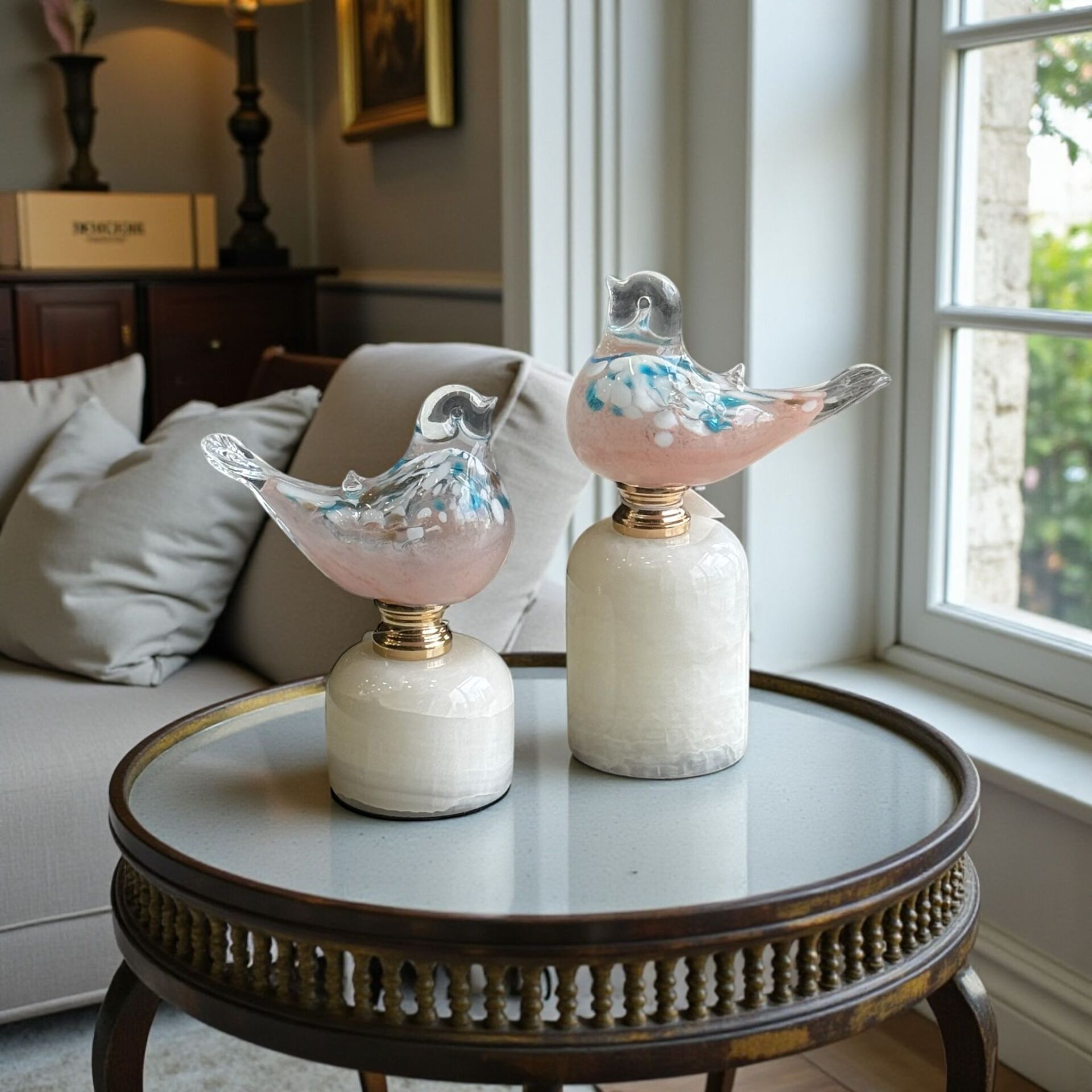 2'li Mermer Cam Kuş Biblo – Krem & Mavi