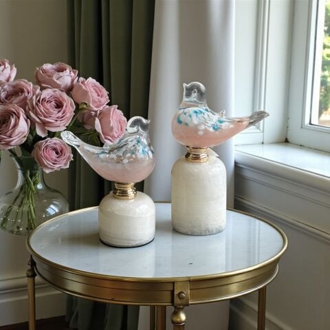 2'li Mermer Cam Kuş Biblo – Krem & Mavi