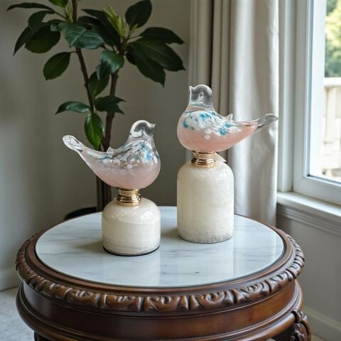 2'li Mermer Cam Kuş Biblo – Krem & Mavi