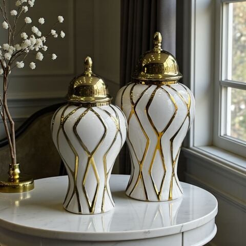 2'li Seramik Beyaz Küp – Gold Detaylı Set