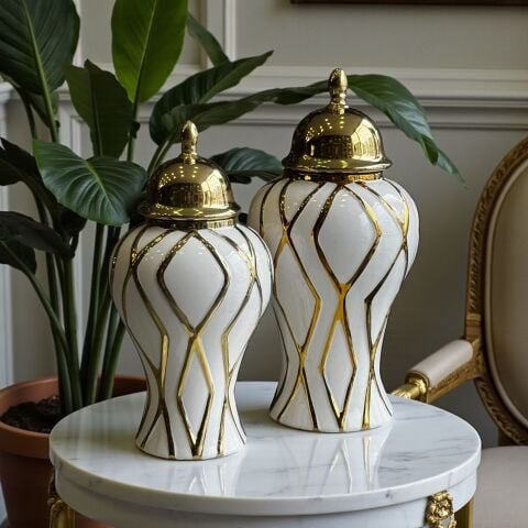 2'li Seramik Beyaz Küp – Gold Detaylı Set