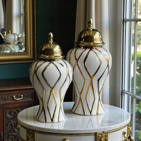 2'li Seramik Beyaz Küp – Gold Detaylı Set