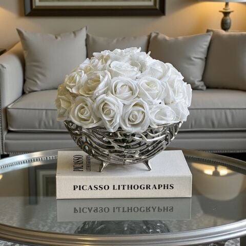 Dekoratif Döküm Kase Gül Aranjmanı 5'li – Gümüş