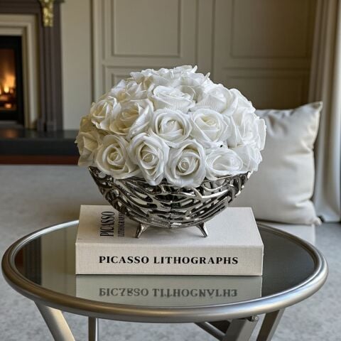 Dekoratif Döküm Kase Gül Aranjmanı 5'li – Gümüş