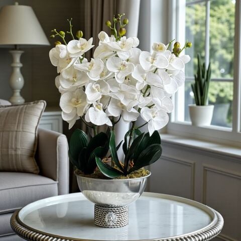 Premium Beyaz Islak Orkide Aranjmanı – Gümüş 6’lı Tarzz Vazo