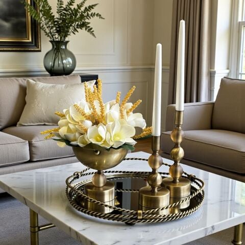 Zincir Tepsi,  Kristal Vazo Manolya Aranjmanı &  2'li Mumluk Seti Amber / Eskitme 4'lü SET