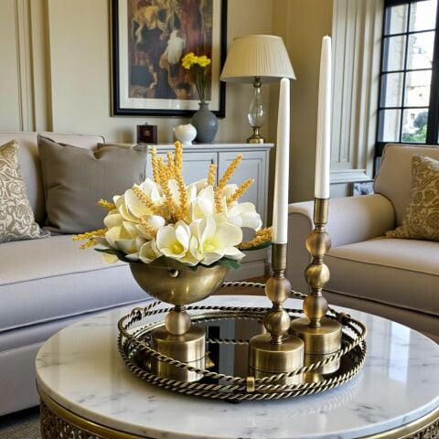 Zincir Tepsi,  Kristal Vazo Manolya Aranjmanı &  2'li Mumluk Seti Amber / Eskitme 4'lü SET