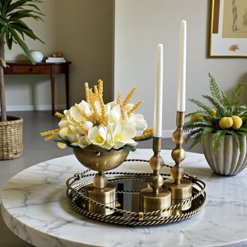 Zincir Tepsi,  Kristal Vazo Manolya Aranjmanı &  2'li Mumluk Seti Amber / Eskitme 4'lü SET