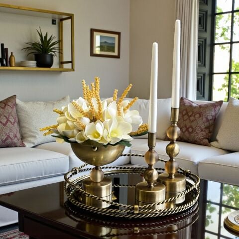 Zincir Tepsi,  Kristal Vazo Manolya Aranjmanı &  2'li Mumluk Seti Amber / Eskitme 4'lü SET