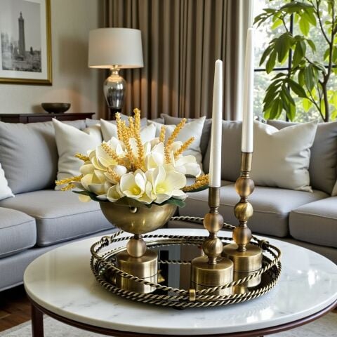 Zincir Tepsi,  Kristal Vazo Manolya Aranjmanı &  2'li Mumluk Seti Amber / Eskitme 4'lü SET