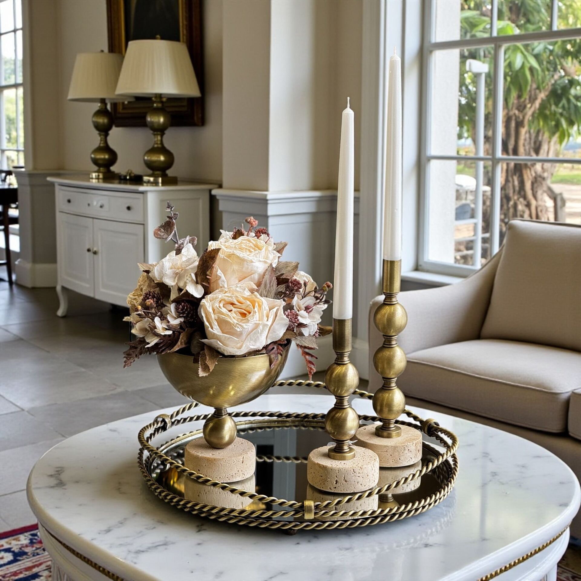 Zincir Tepsi, Vazo Kuru Gül Aranjmanı + 2'li Top Şamdan + Mum Traverten 4'lü Set Eskitme