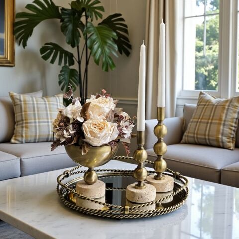 Zincir Tepsi, Vazo Kuru Gül Aranjmanı + 2'li Top Şamdan + Mum Traverten 4'lü Set Eskitme