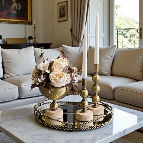 Zincir Tepsi, Vazo Kuru Gül Aranjmanı + 2'li Top Şamdan + Mum Traverten 4'lü Set Eskitme