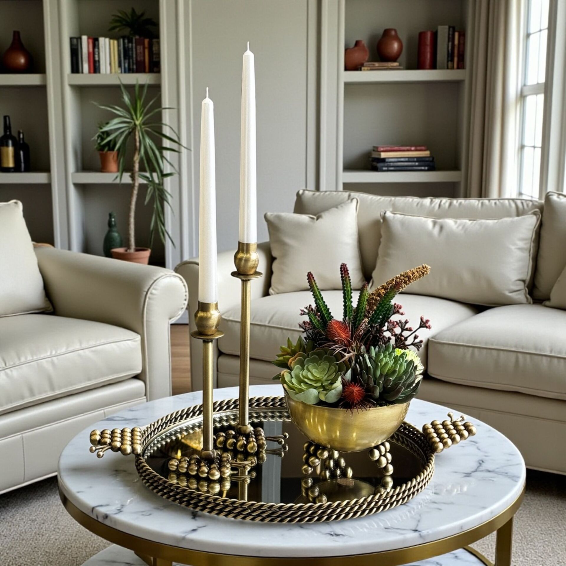 Üzüm Tepsi, Vazo Sukulent Aranjmanı & 2'li Mumluk + Mum 4'lü Set Eskitme